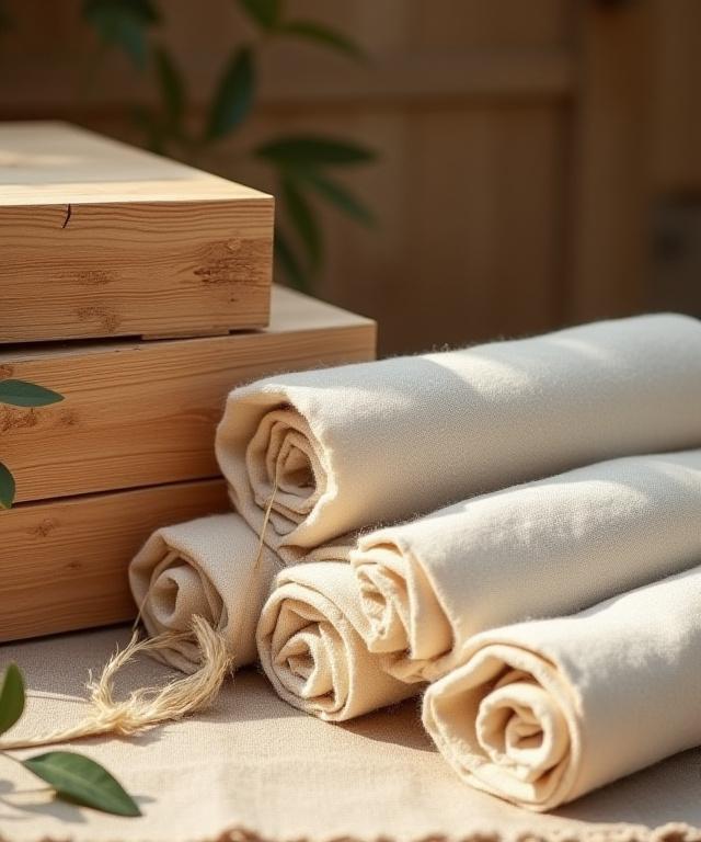 Stabel med norsk trevirke og ruller med ullstoff.