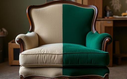 En gammel lenestol half-omtrukket med nytt stoff.